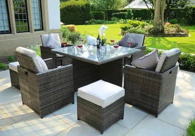 101-x-49-x-45-brown-9piece-square-outdoor-dining-set-with-beige-cushions 101" X 49" X 45" Brown 9Piece Square Outdoor Dining Set With Beige Cushions
