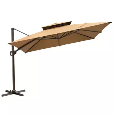 11-tan-polyester-round-tilt-cantilever-patio-umbrella-with-stand 11' Tan Polyester Round Tilt Cantilever Patio Umbrella With Stand