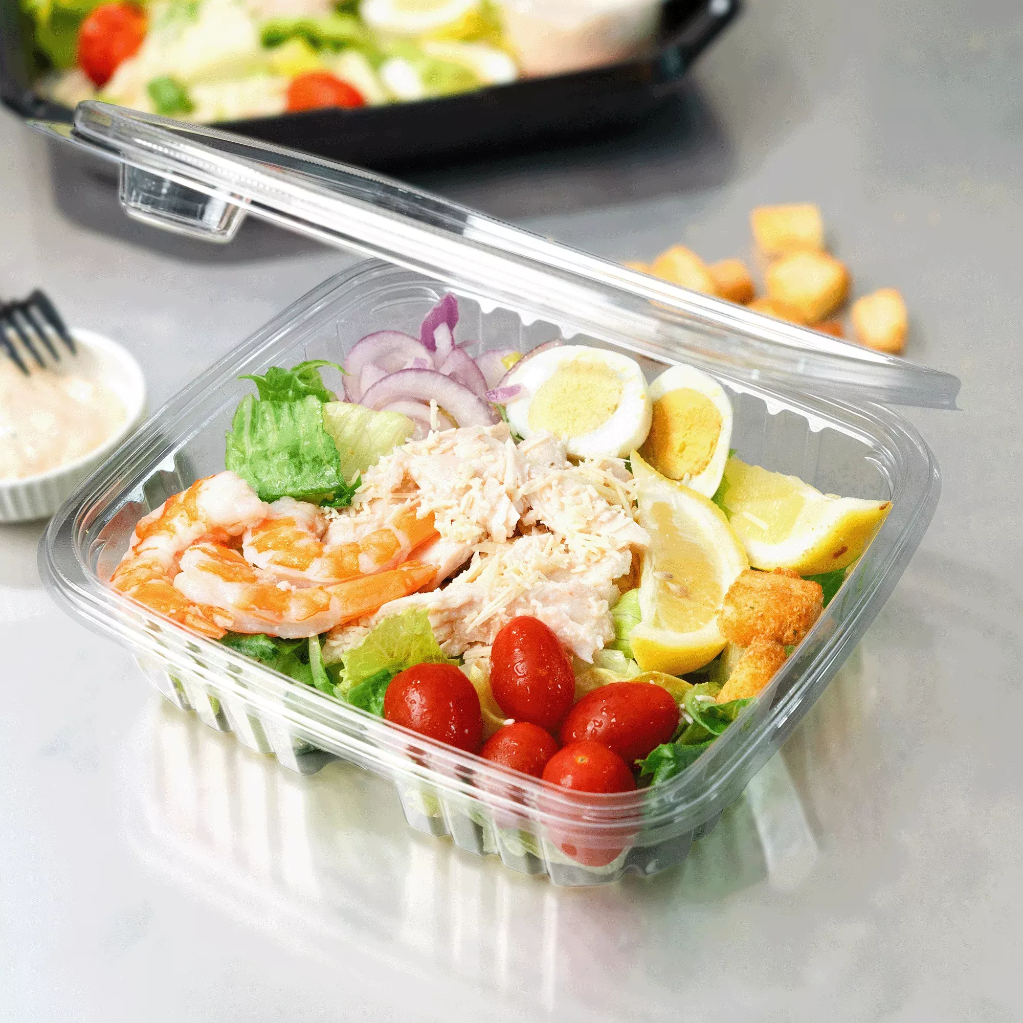 [150 sets] 48 oz PET Tamper Resistant Hinged Deli Containers w/Flat Li
