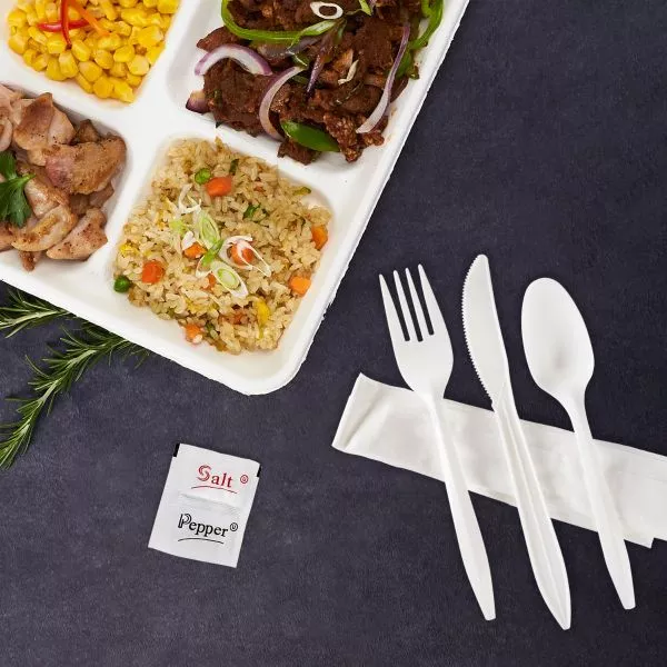 [250 sets] PP Plastic Medium Weight Cutlery Kits with Salt and Pepper,