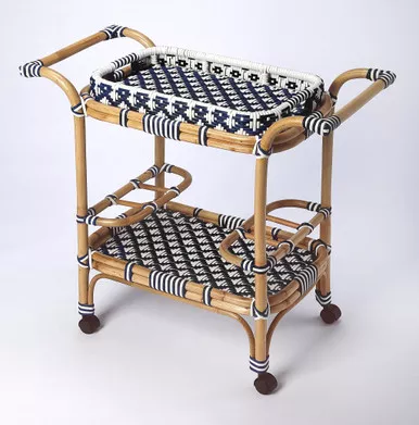 blue-white-rattan-bar-cart Blue And White Rattan Bar Cart